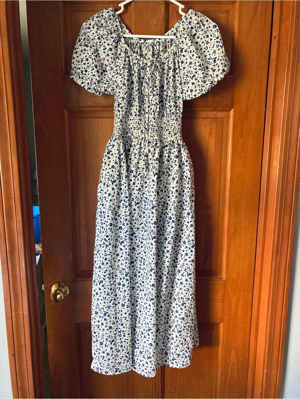 Uniqlo White Midi Dress with Blue Floral Print